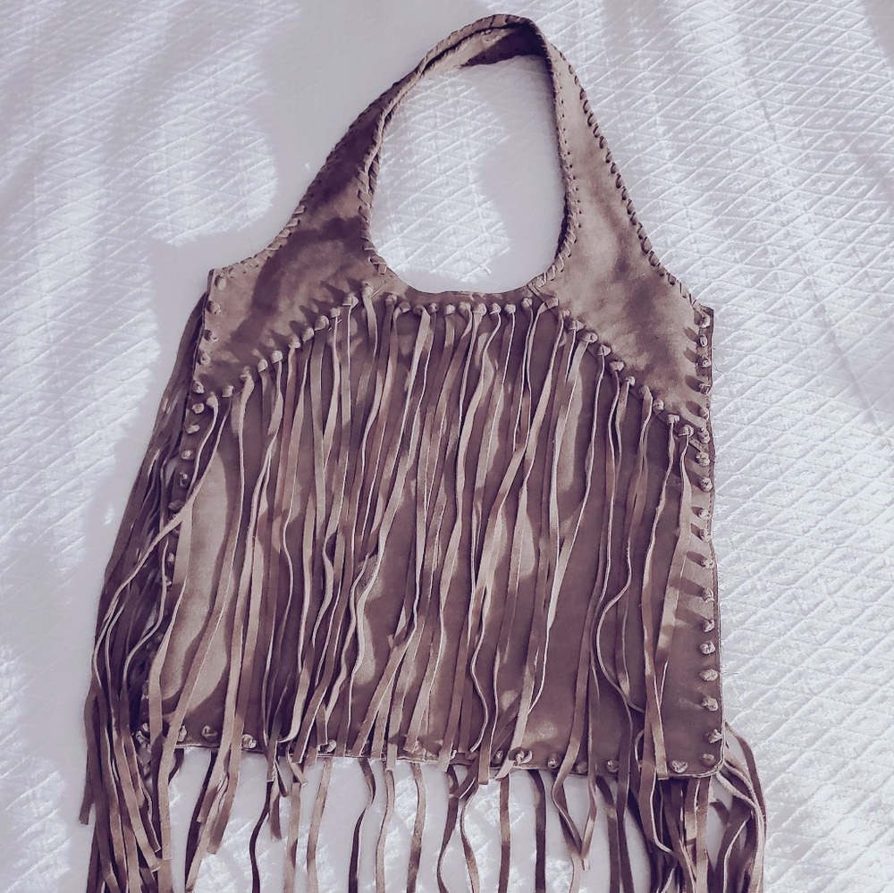TOPSHOP Western Hand-Tie Genuine Suede Leather Fringe Hobo Shoulder Bag In Khaki